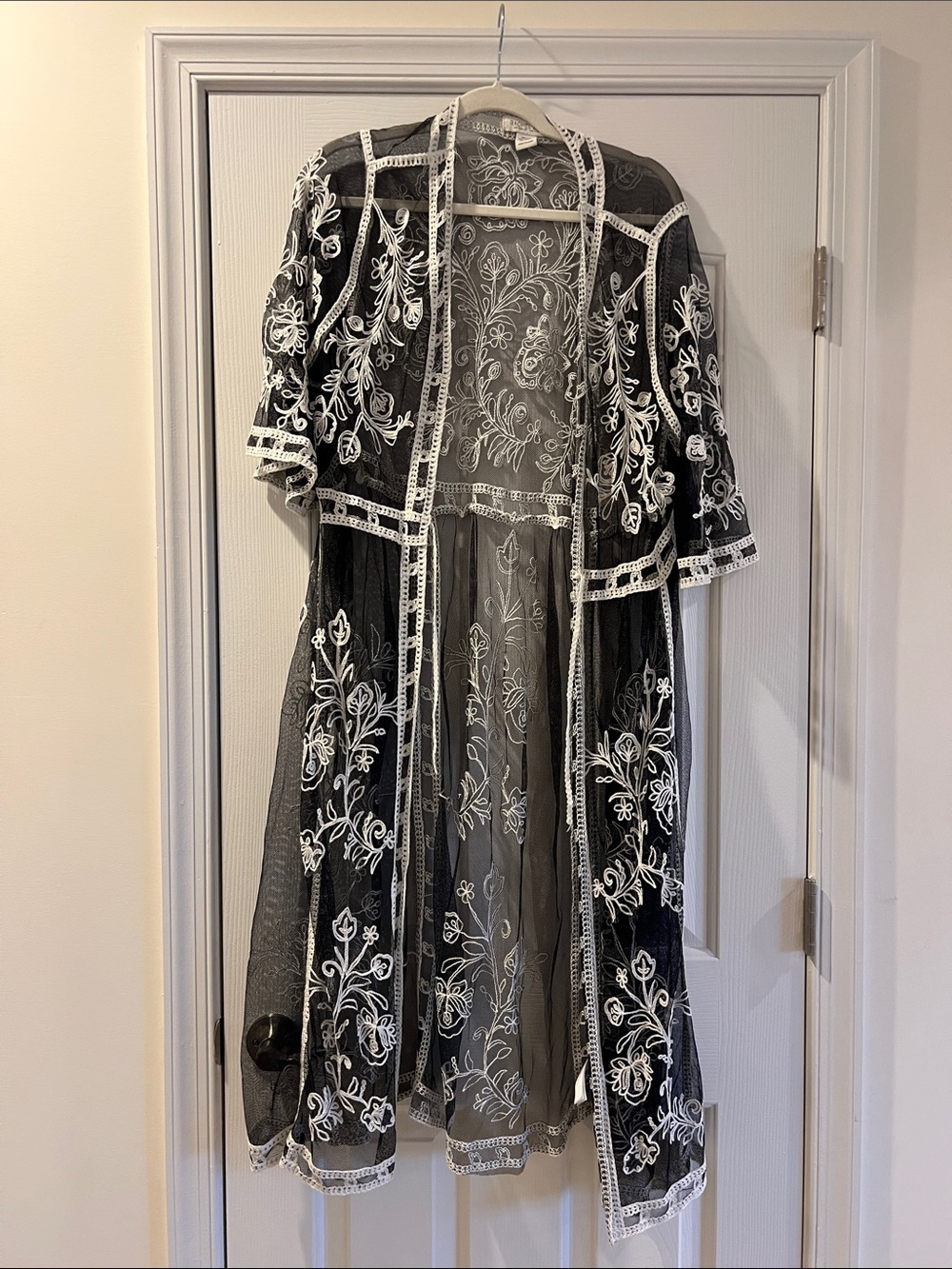Rachel Zoe Black Sheer Mesh Top with White Floral Embroidery